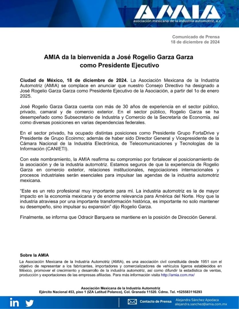 L'AMIA accueille José Rogelio Garza Garza en tant que président exécutif