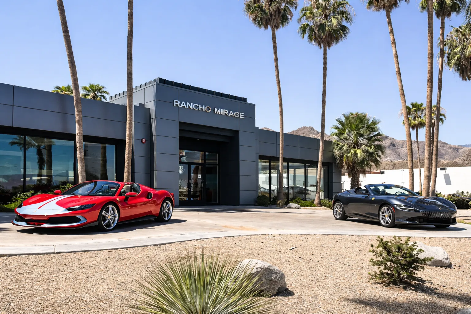 Deux véhicules, une Ferrari rouge et une noire, sont garés devant un immeuble : la Ferrari de Rancho Mirage.