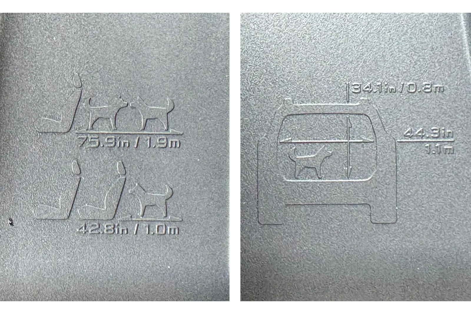 Un graphique montrant les dimensions d'un chien par rapport au compartiment à bagages est moulé dans la Subaru Outback Touring XT.